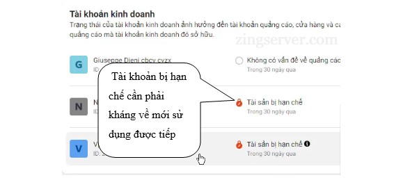 Thông báo tài khoản quảng cáo bị hạn chế