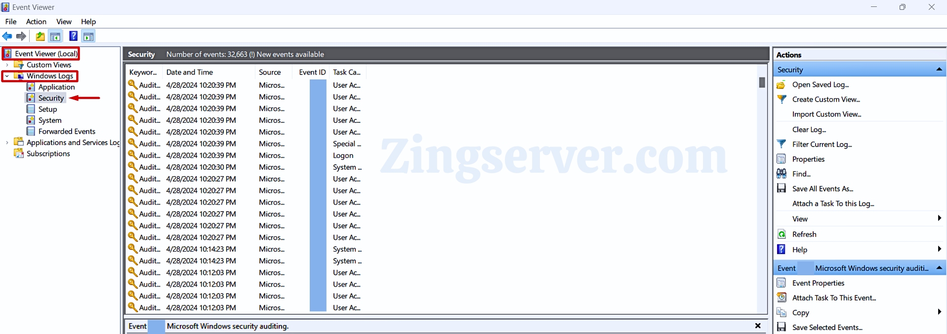Tại Windows Logs chọn Security để kiểm tra VPS bị Scan