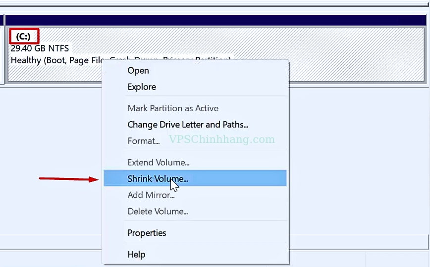 Tại cửa sổ Create nhấn chuột phải vào ổ cứng C và chọn Shink Volume