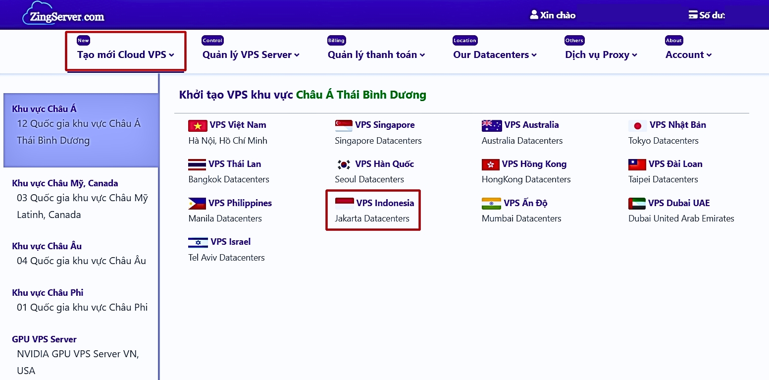 Tại mục Tạo mới Cloud VPS chọn VPS Indonesia
