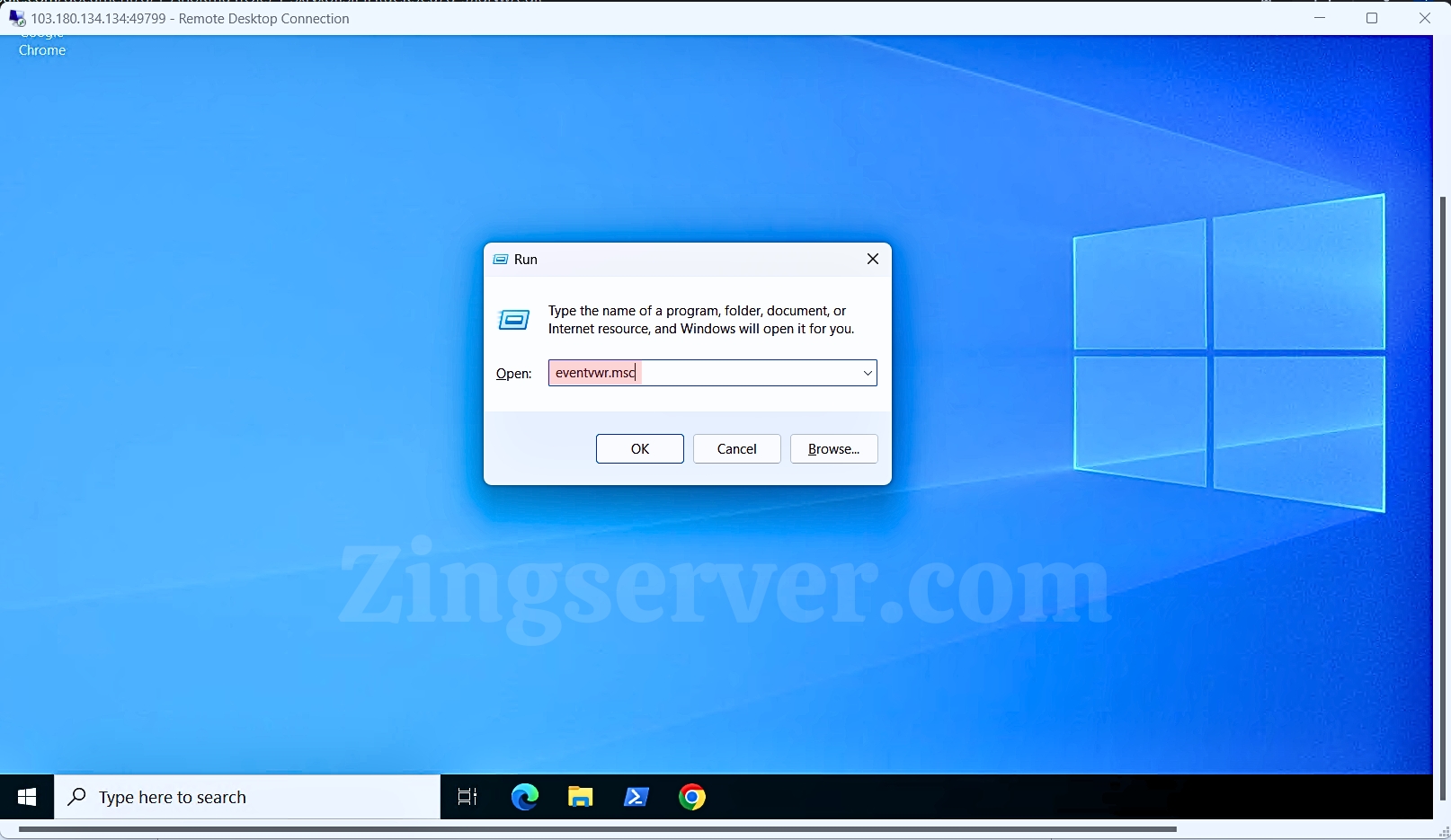 Truy cập vào VPS, nhấn tổ hợp phím Windows R và nhập dòng lệnh eventvwr.msc