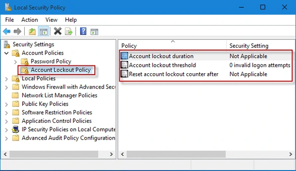 Cấu hình chính sách khóa tài khoản (Account Lockout Policy) trong Local Security Policy.