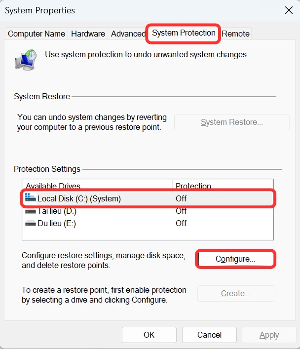 cau hinh system restore giai phong o cung system properties