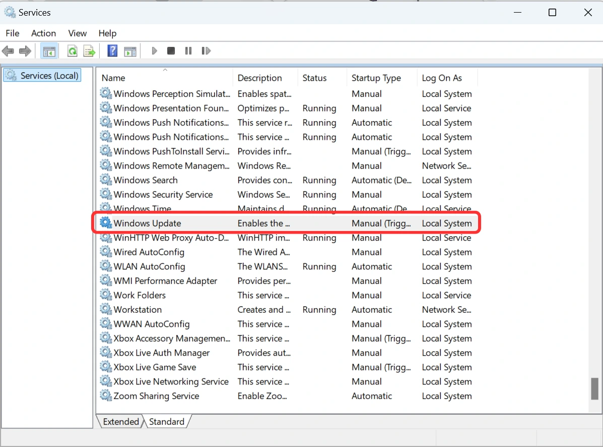 Dịch vụ Windows Update trong services.msc