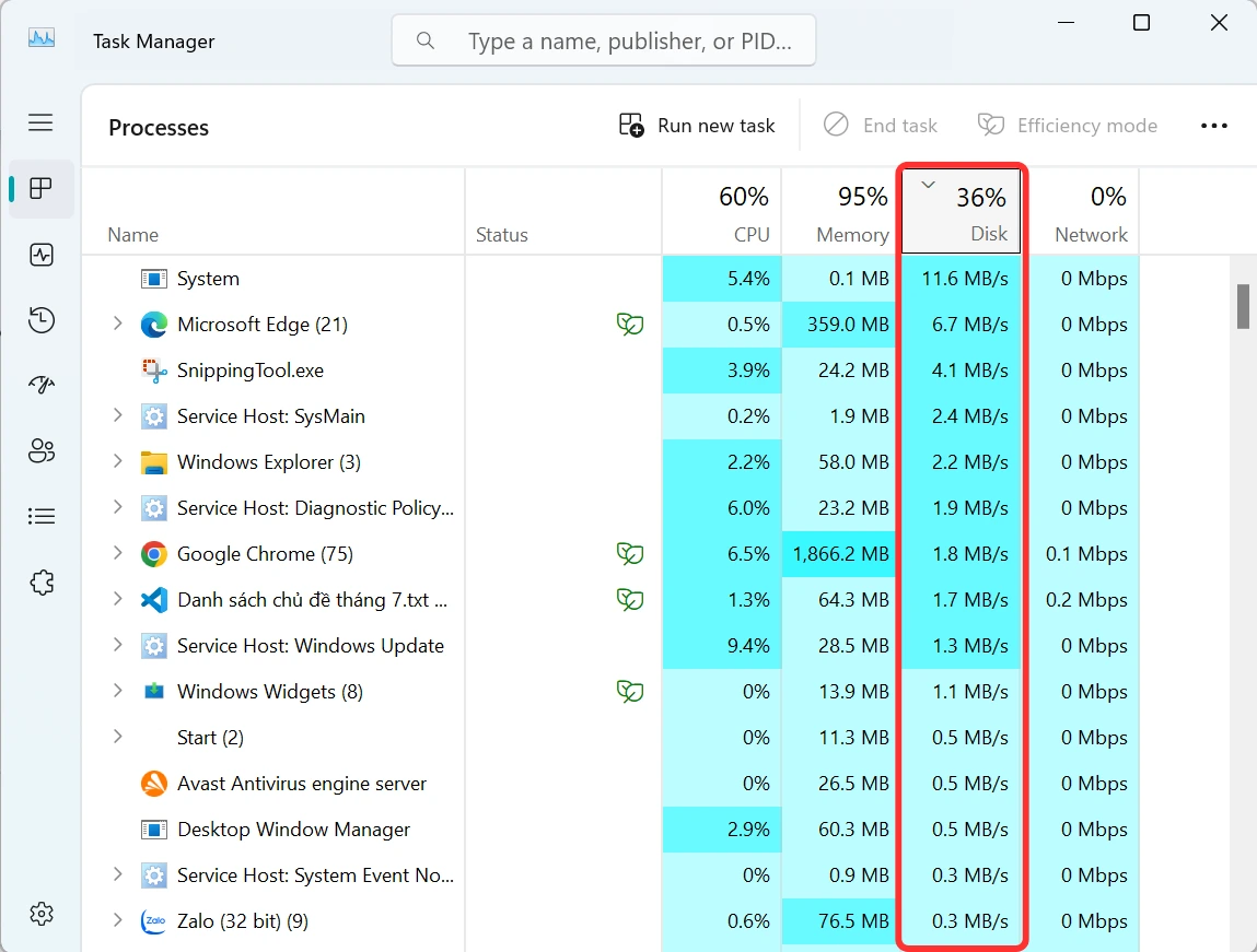 Task Manager của VPS Windows hiển thị cột Disk được sắp xếp với tiến trình Antimalware Service Executable