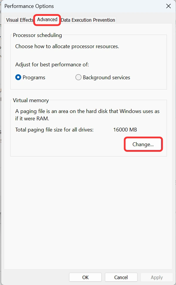 thiet lap page file vps windows performance options