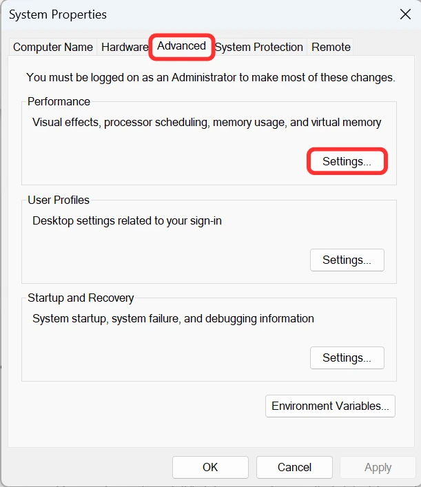 thiet lap page file vps windows system properties