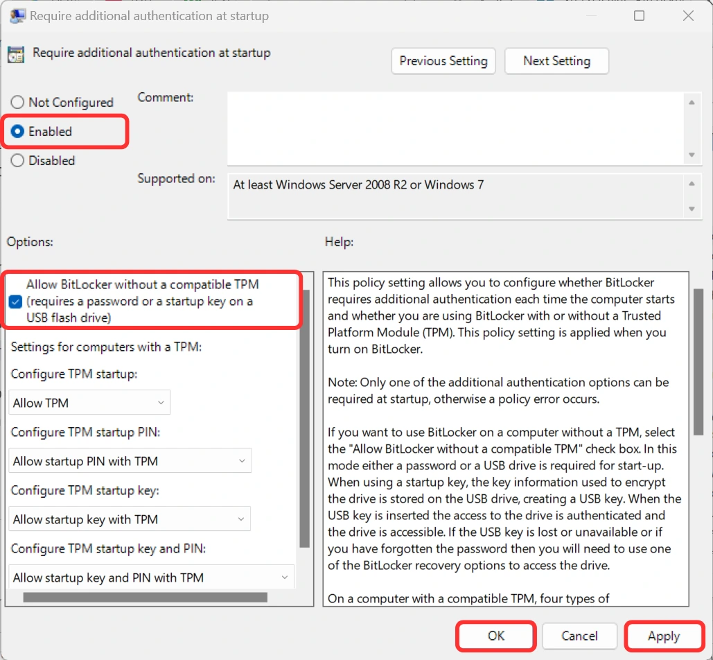Bật (Enabled) chính sách và tích chọn "Allow BitLocker without a compatible TPM" để cho phép BitLocker hoạt động mà không cần chip TPM.