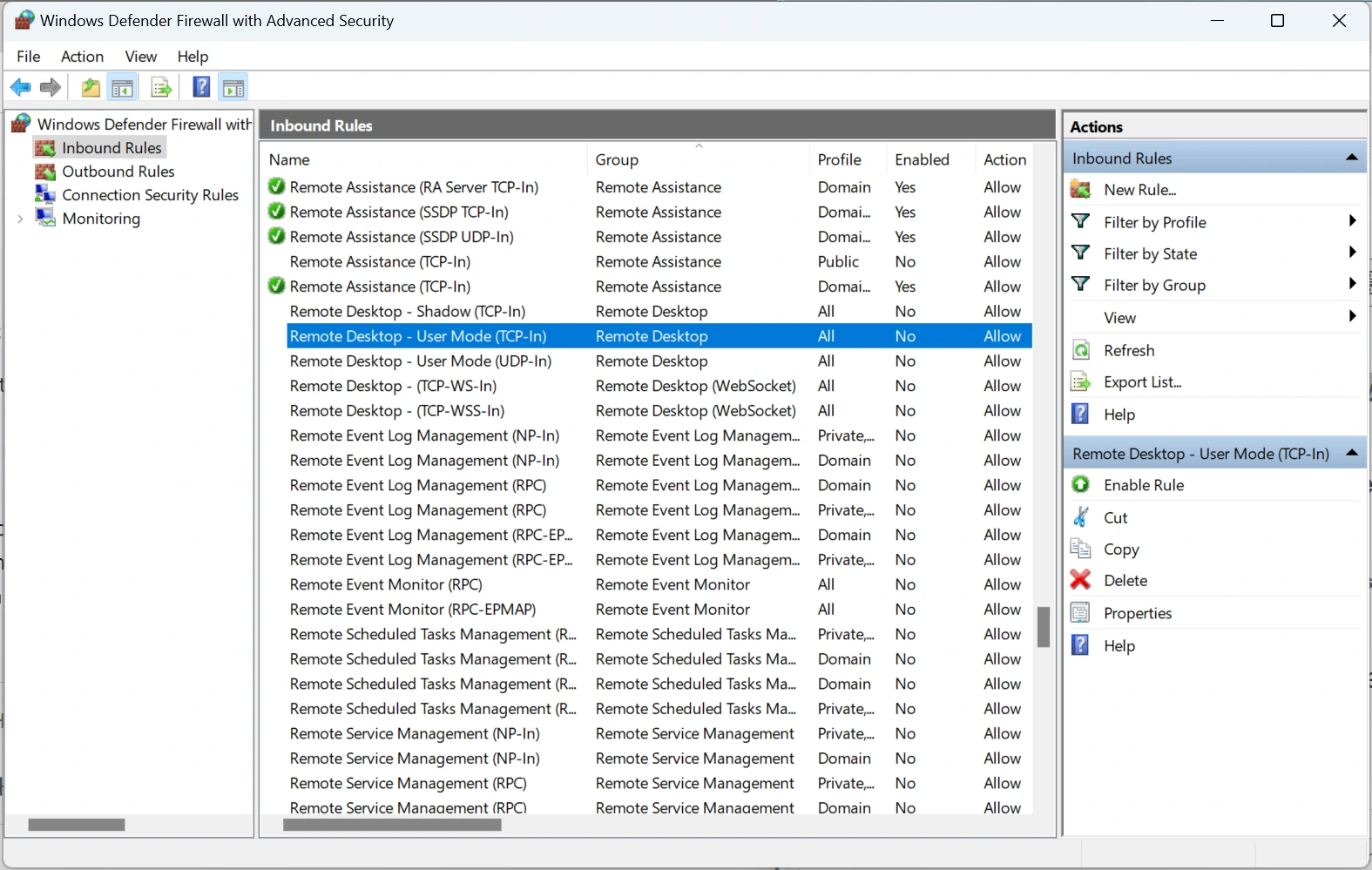 Tìm và chọn quy tắc "Remote Desktop - User Mode (TCP-In)" trong danh sách Inbound Rules.