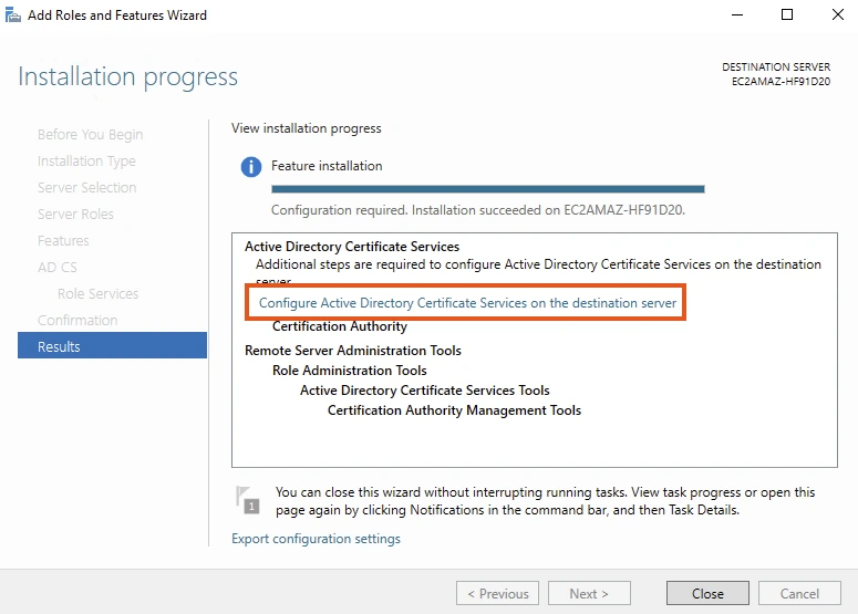 Bắt đầu cấu hình AD CS sau khi cài đặt.