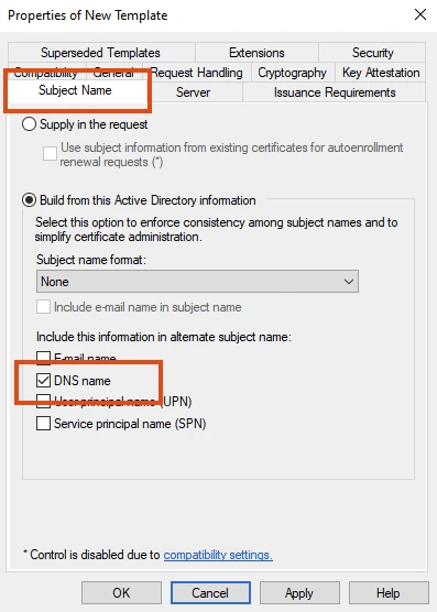Cấu hình tab Subject Name, chọn DNS name.