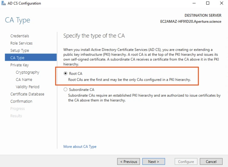 Chọn Root CA vì đây là CA đầu tiên trong hệ thống.