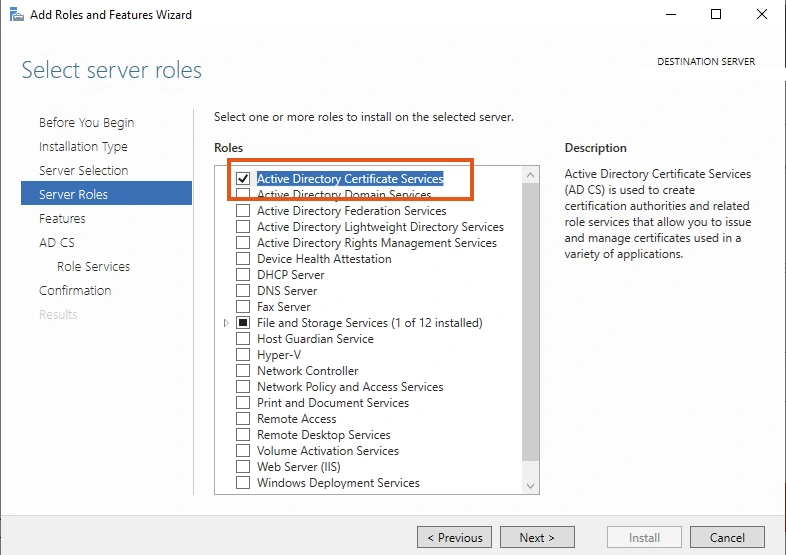 Chọn vai trò Active Directory Certificate Services trong Add Roles Wizard.
