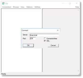 Hộp thoại Connect của LDP.exe, nhập port 636 và chọn SSL.