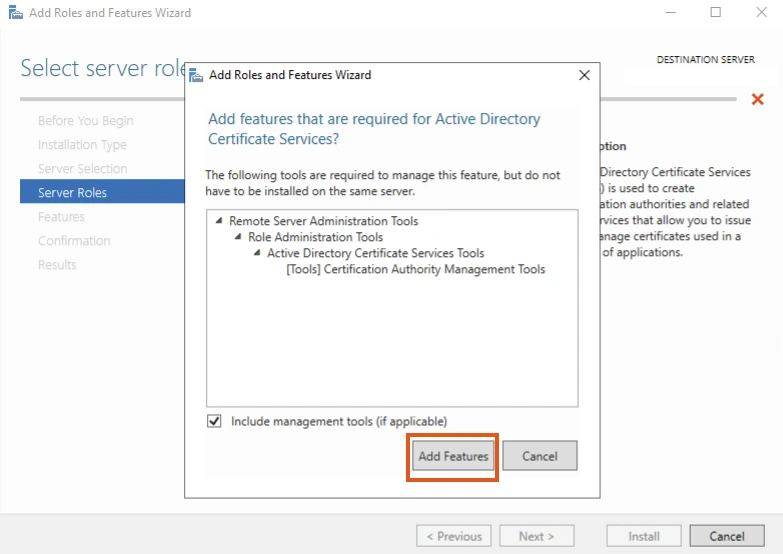 Hộp thoại pop-up yêu cầu Add Features cho AD CS.
