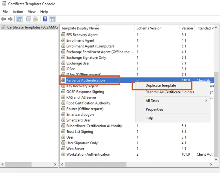 Nhân bản template Kerberos Authentication trong Certificate Templates Console.