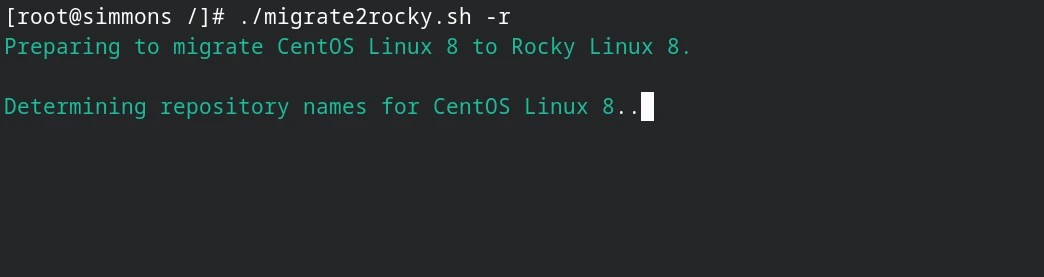 Giao diện terminal hiển thị quá trình chuẩn bị di chuyển từ CentOS sang Rocky Linux.