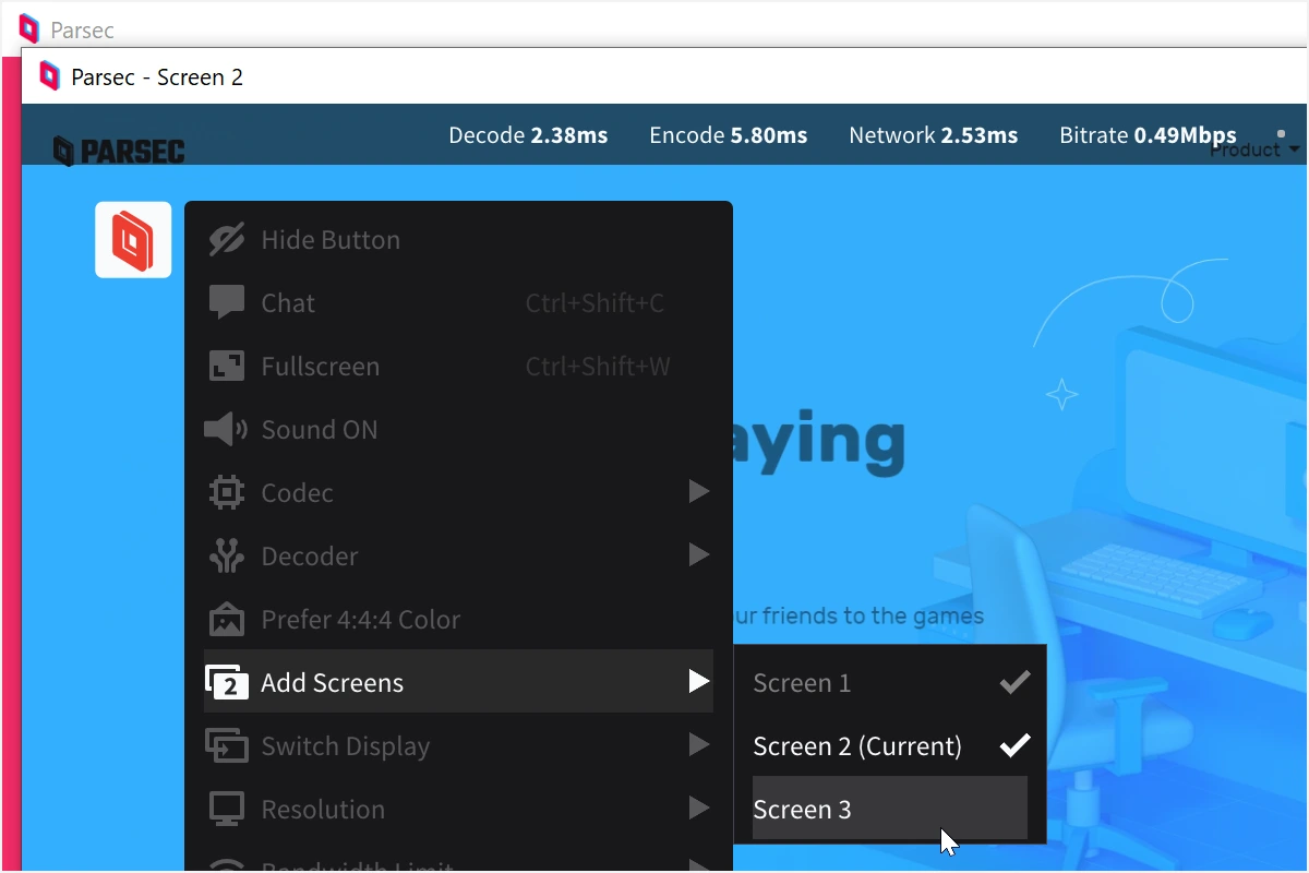 Thông số độ trễ decode thấp dưới 3ms của Parsec khi chơi game trên VPS.