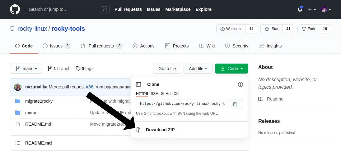 Hướng dẫn tải script migrate2rocky.sh từ kho lưu trữ GitHub Rocky Linux.