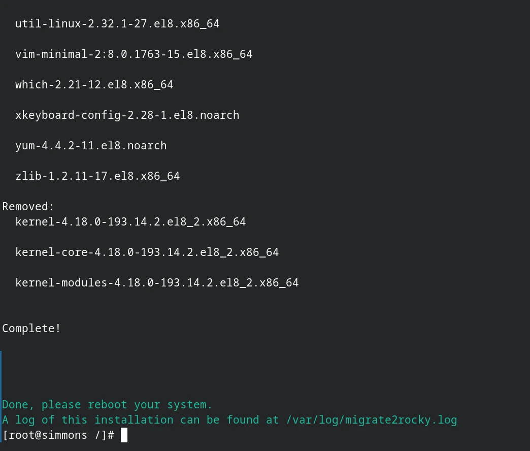 Thông báo hoàn tất quá trình cài đặt Rocky Linux và yêu cầu khởi động lại VPS.