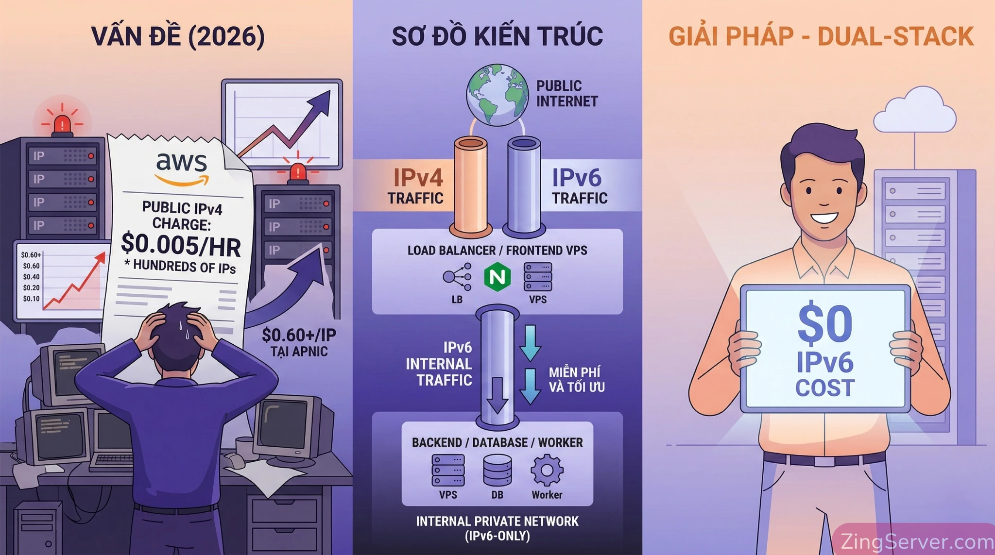 Infographic so sánh phí Public IPv4 AWS leo thang năm 2026 và sơ đồ kiến trúc mạng Dual-stack tối ưu chi phí (Frontend v4/v6, Backend IPv6-only)