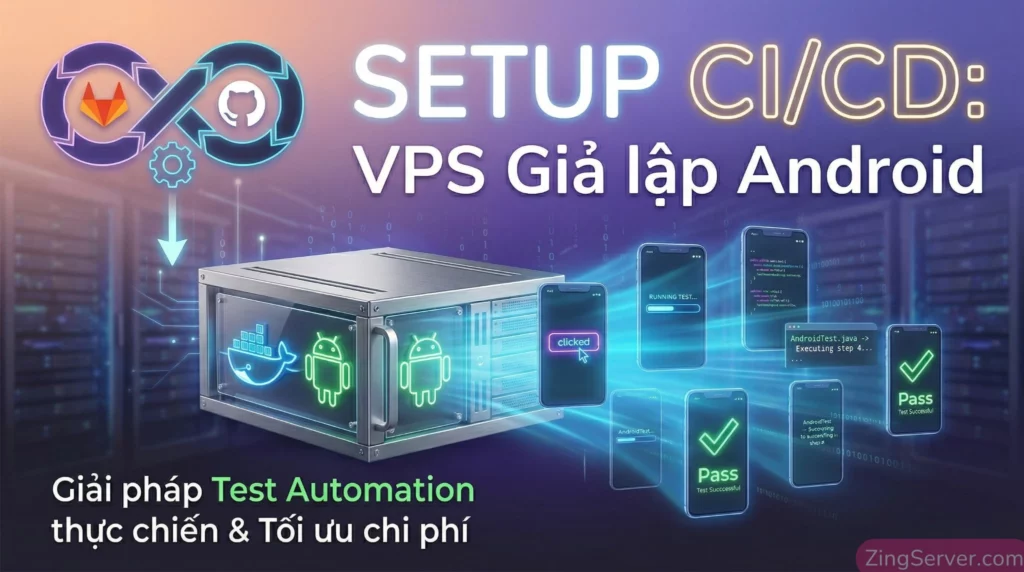 Hệ thống CI/CD test app tự động trên VPS Giả lập Android, với máy chủ, nhiều màn hình điện thoại hologram đang chạy Automation test Pass, và Typography tiêu đề chính "SETUP CI/CD: VPS Giả lập Android".