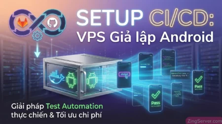 Hệ thống CI/CD test app tự động trên VPS Giả lập Android, với máy chủ, nhiều màn hình điện thoại hologram đang chạy Automation test Pass, và Typography tiêu đề chính "SETUP CI/CD: VPS Giả lập Android".
