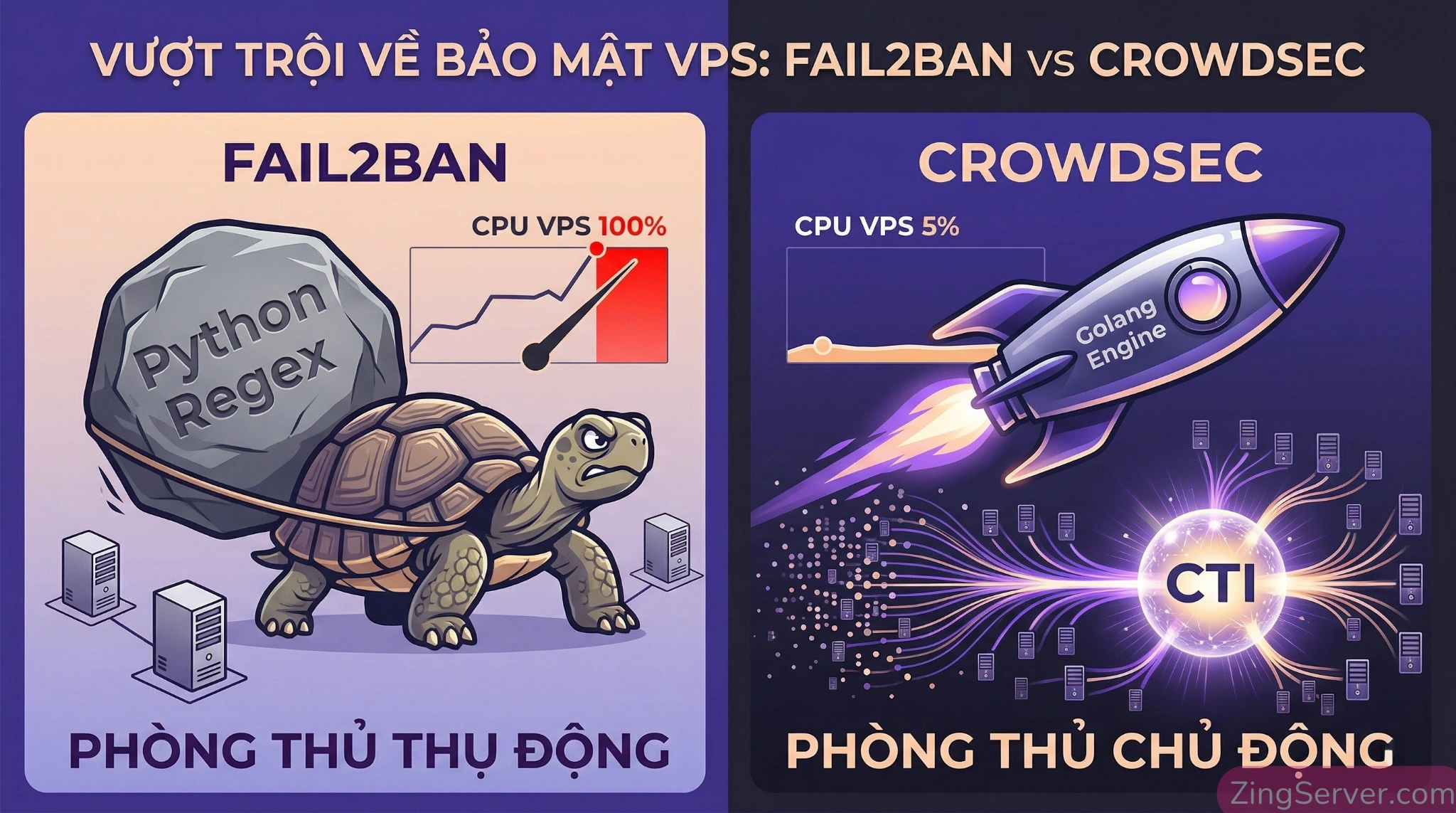 Infographic so sánh toàn diện về hiệu năng CPU, ngôn ngữ lập trình và khả năng mở rộng giữa Fail2Ban và CrowdSec.