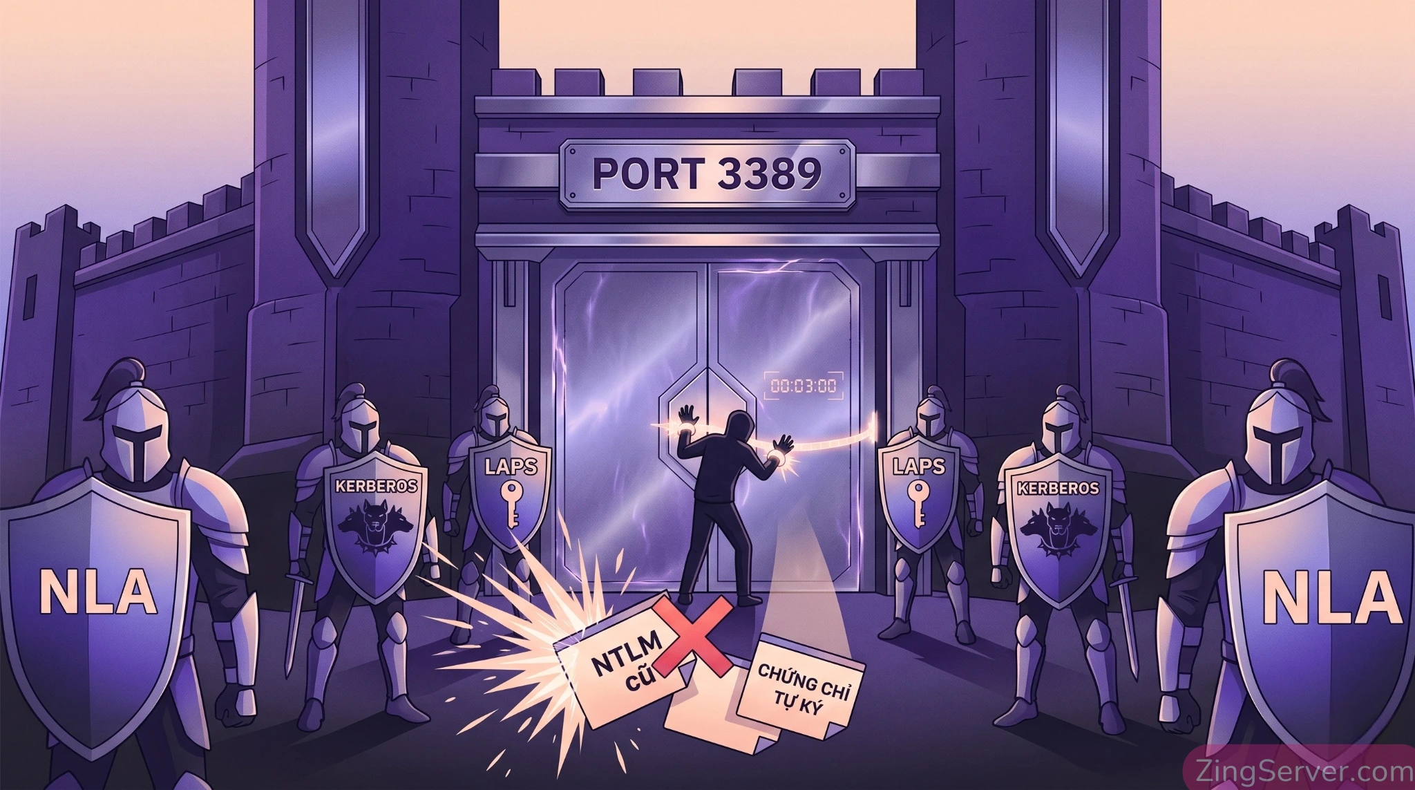 Mô phỏng cơ chế bảo mật xác thực Kerberos, LAPS và NLA chặn kết nối RDP không an toàn trên Windows Server 2025.