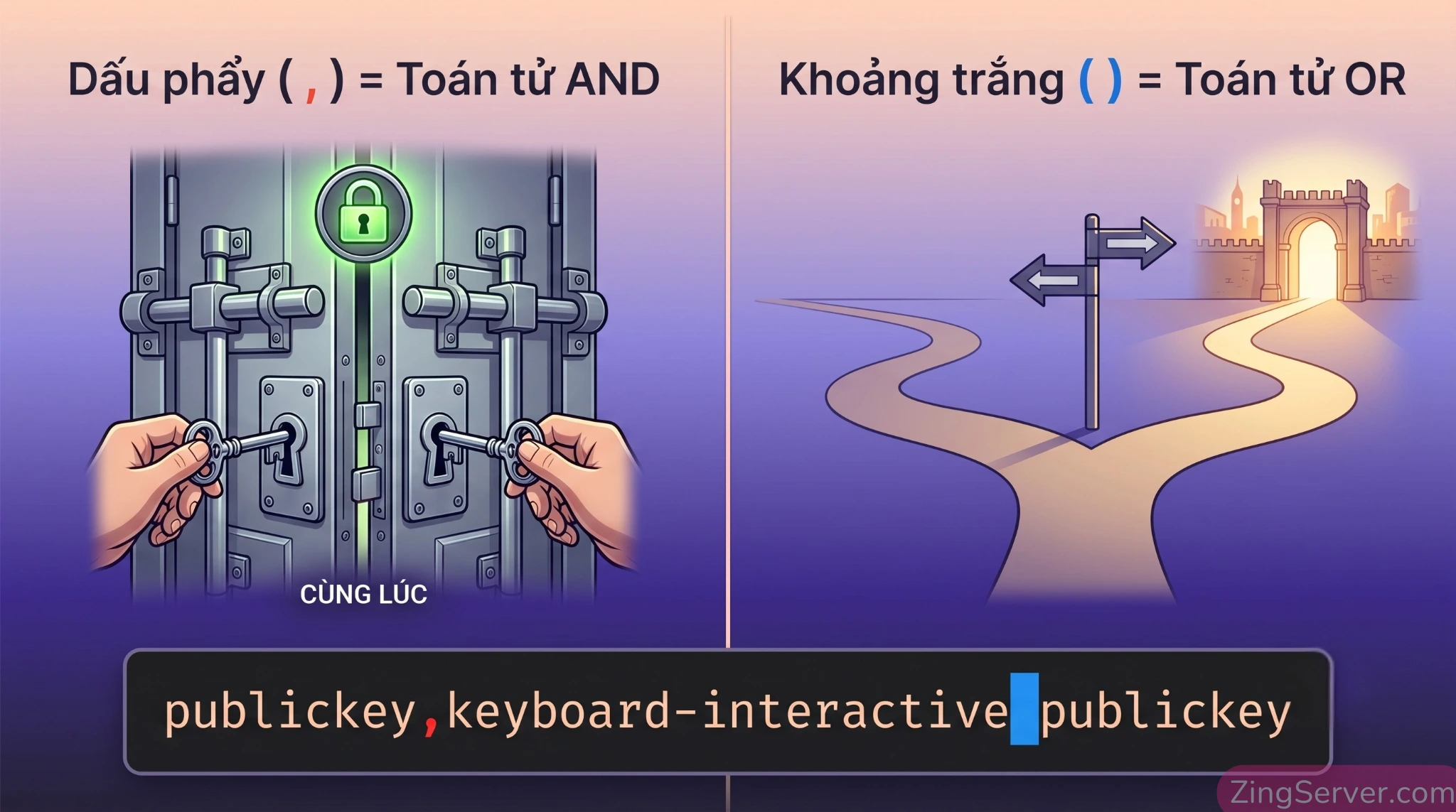 Giải thích cú pháp logic AND và OR trong chỉ thị AuthenticationMethods của OpenSSH.