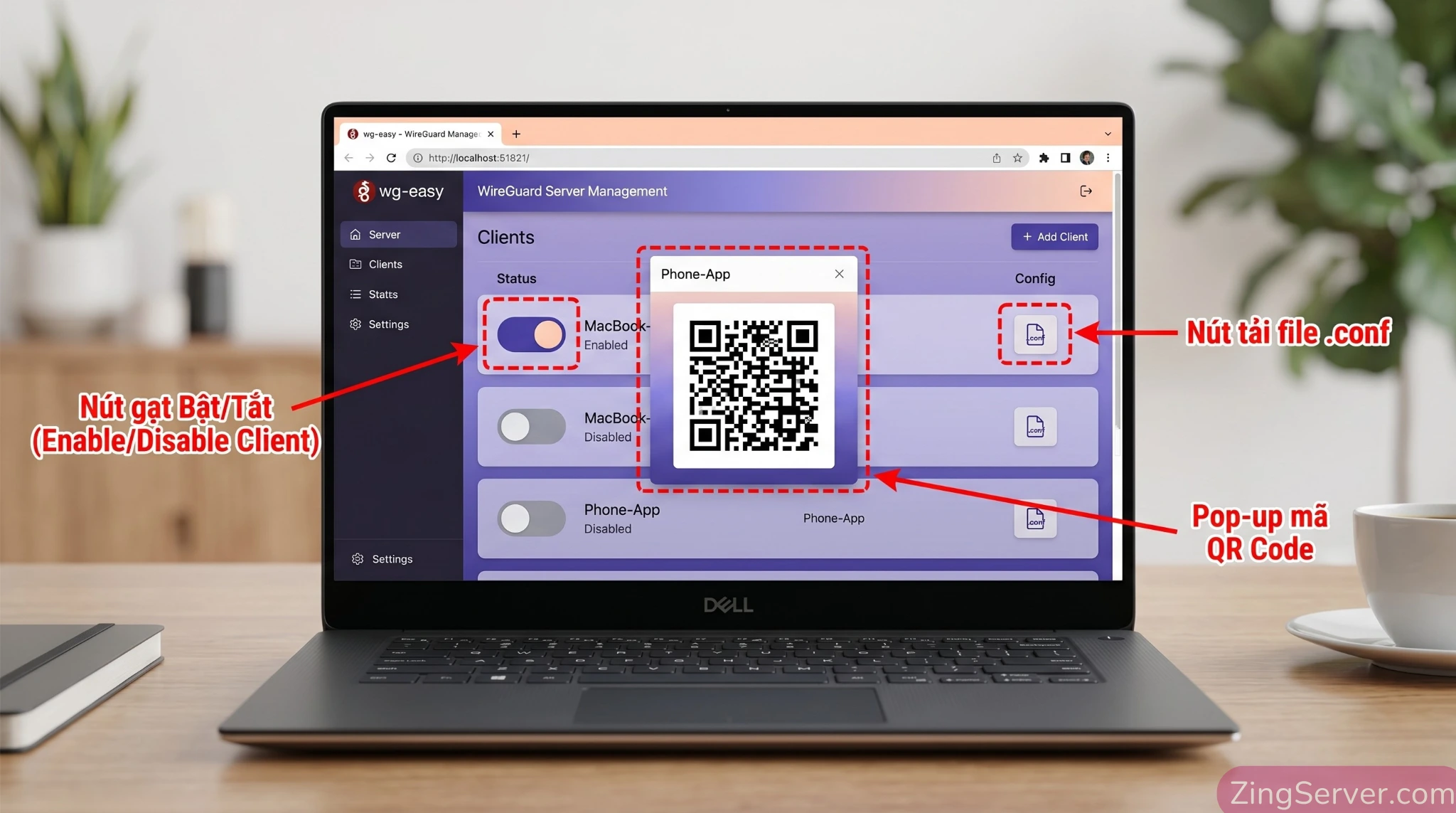 Giao diện Web UI trực quan quản lý người dùng VPN WireGuard bằng công cụ wg-easy cài đặt qua Docker.