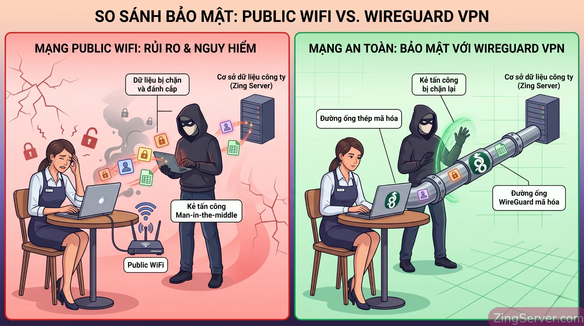 So sánh rủi ro bảo mật đánh cắp dữ liệu trên Public WiFi và giải pháp đường hầm mã hóa an toàn của WireGuard VPN.