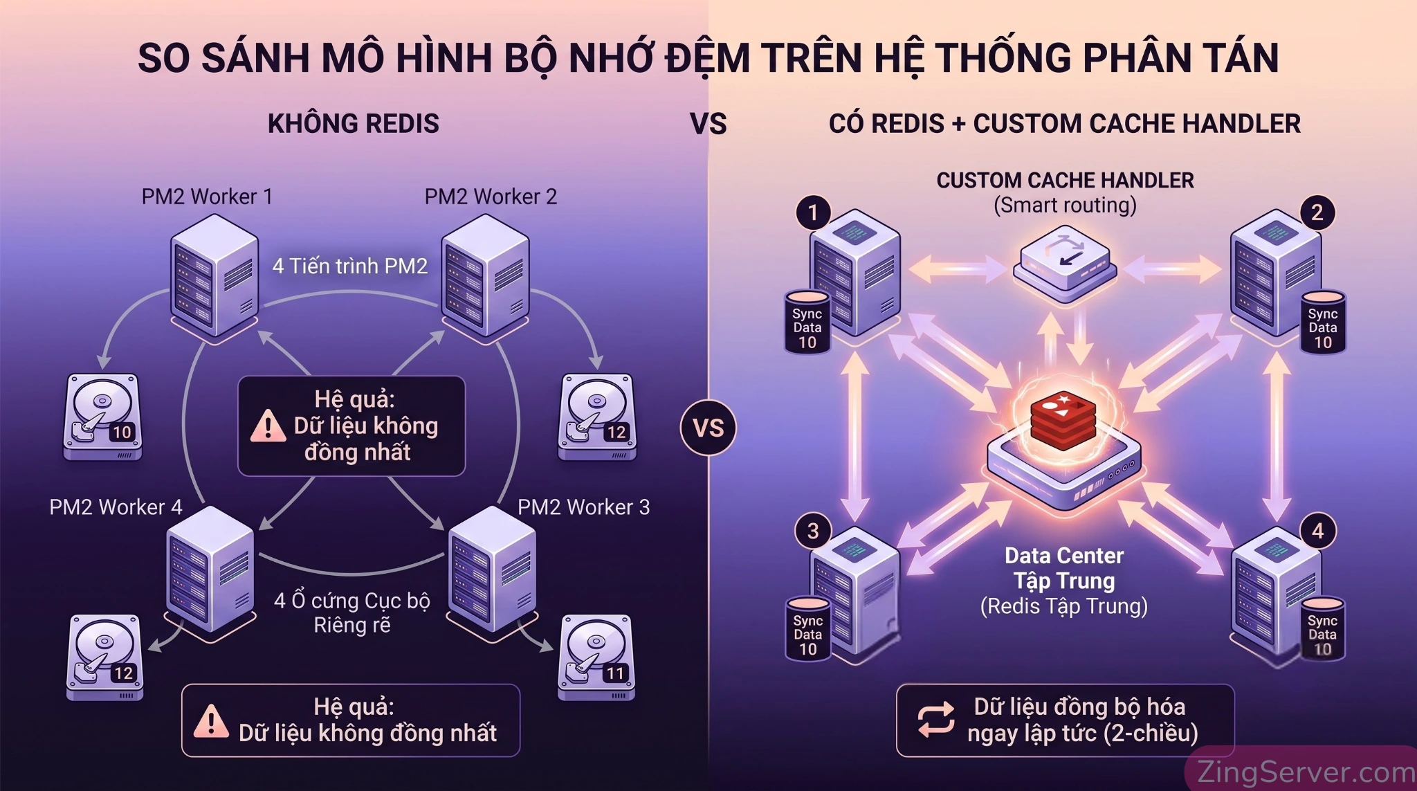 Mô hình đồng bộ dữ liệu cache tập trung giữa các tiến trình PM2 Next.js thông qua Custom Cache Handler và Redis.