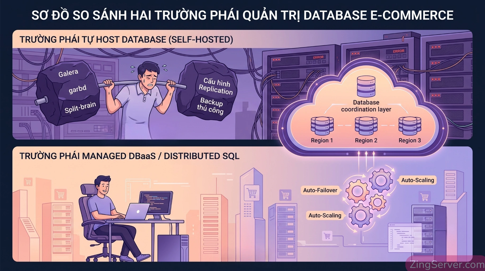 So sánh ưu nhược điểm giữa Managed Database DBaaS và tự host Database Cluster cho hệ thống thương mại điện tử.