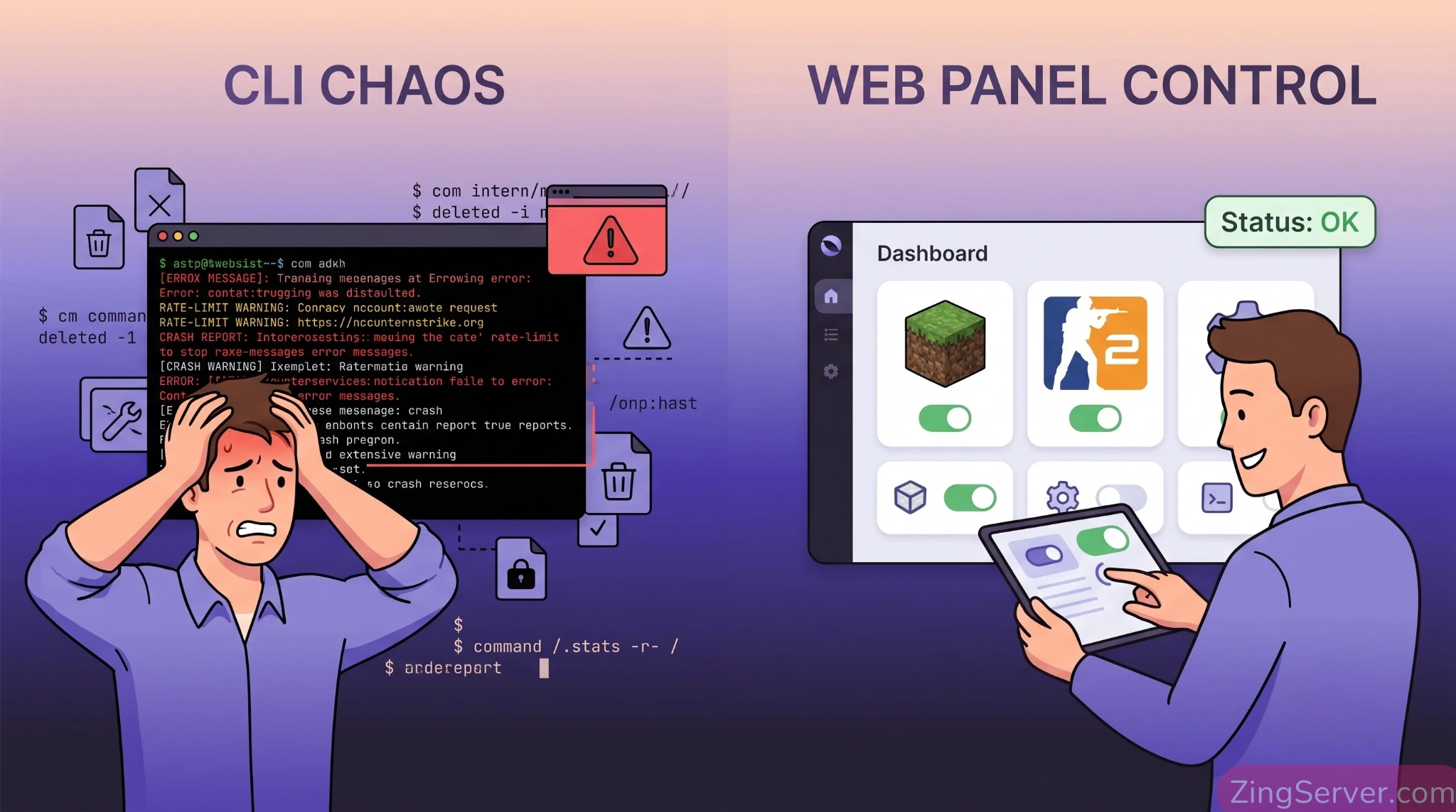 So sánh rủi ro quản trị game server bằng dòng lệnh CLI và sự tiện lợi của giao diện Web Panel PufferPanel.