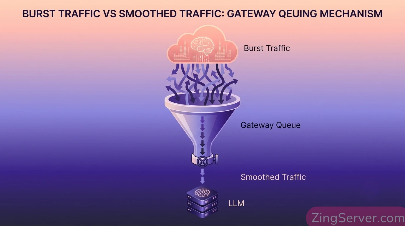 Cơ chế Queueing và Smoothing xử lý burst traffic tránh lỗi 429 từ OpenAI.