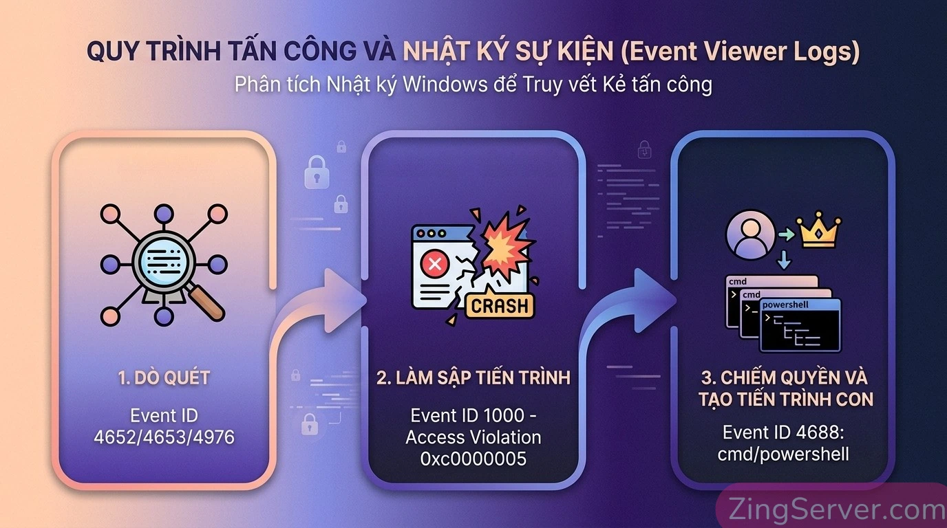Trục thời gian các Event ID trong Windows Event Viewer giúp Sysadmin săn tìm dấu vết xâm nhập lỗ hổng IKE RCE.