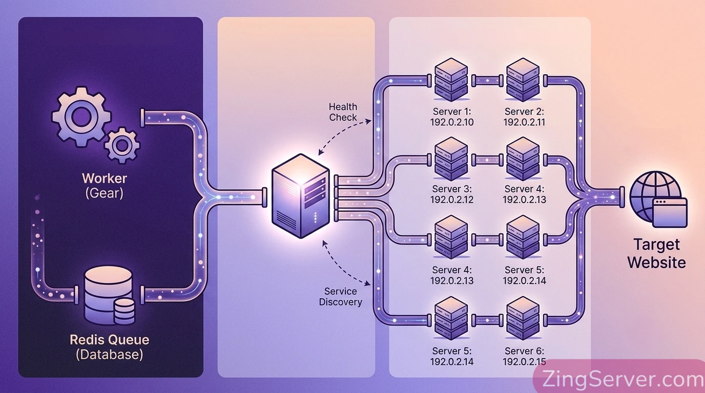 Infographic minh họa chi tiết kiến trúc 3 lớp của mạng lưới Datacenter Proxy, bao gồm tầng ứng dụng Data Pipeline, Proxy Gateway điều phối và tầng Exit Nodes VPS.