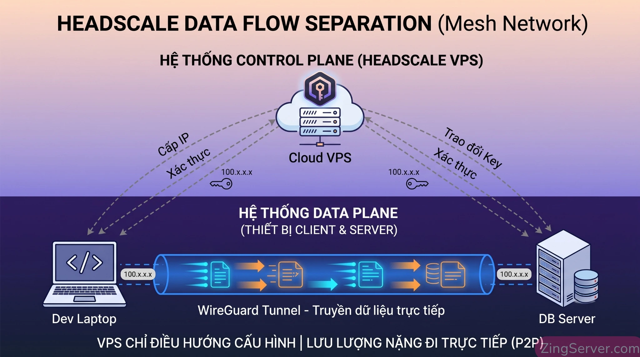 Sơ đồ kiến trúc phân tách Control Plane và Data Plane trên VPS Headscale