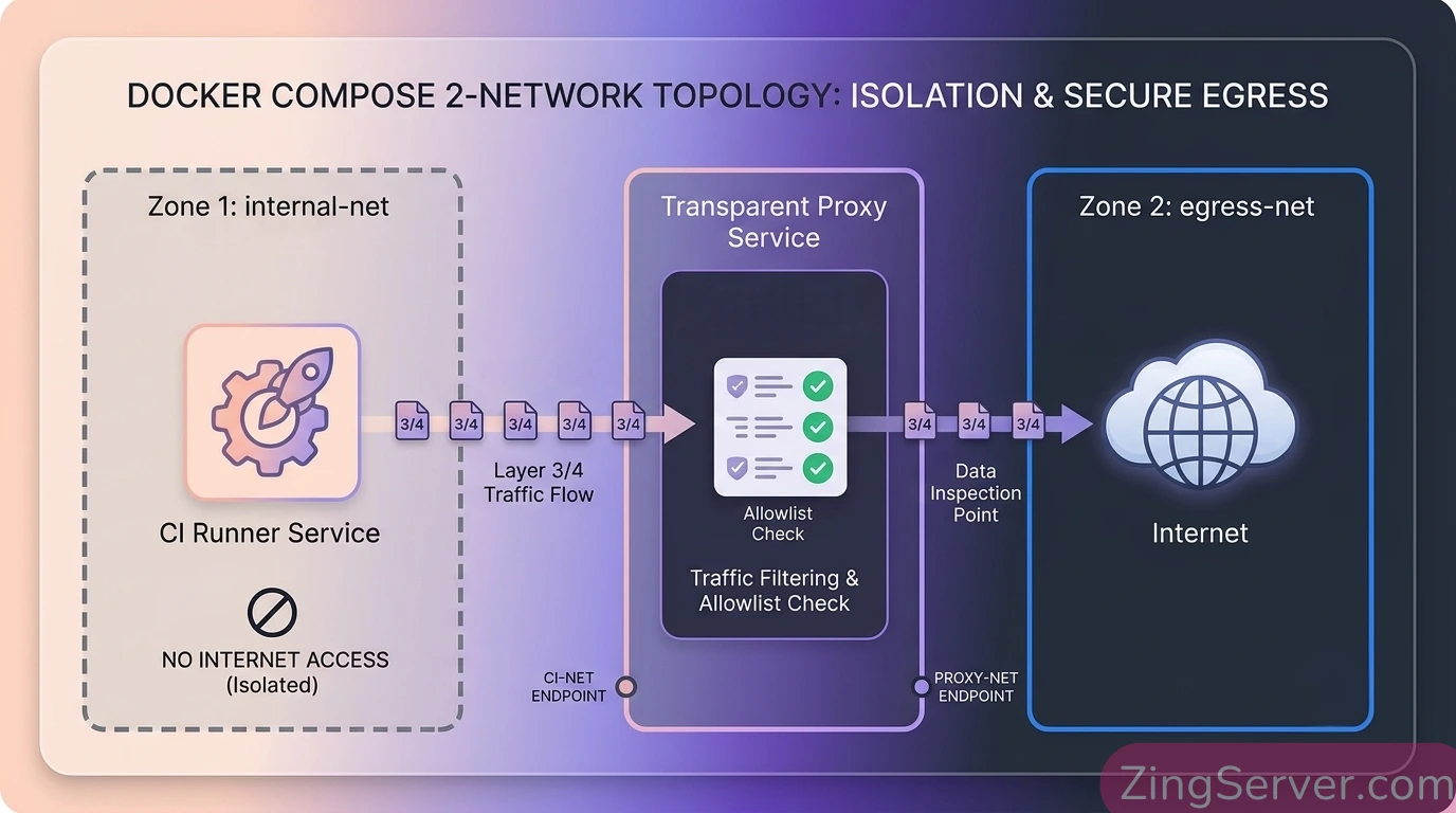 Sơ đồ kiến trúc mạng cô lập 2 lớp sử dụng Transparent Proxy điều hướng gói tin ở Layer 3 và Layer 4.