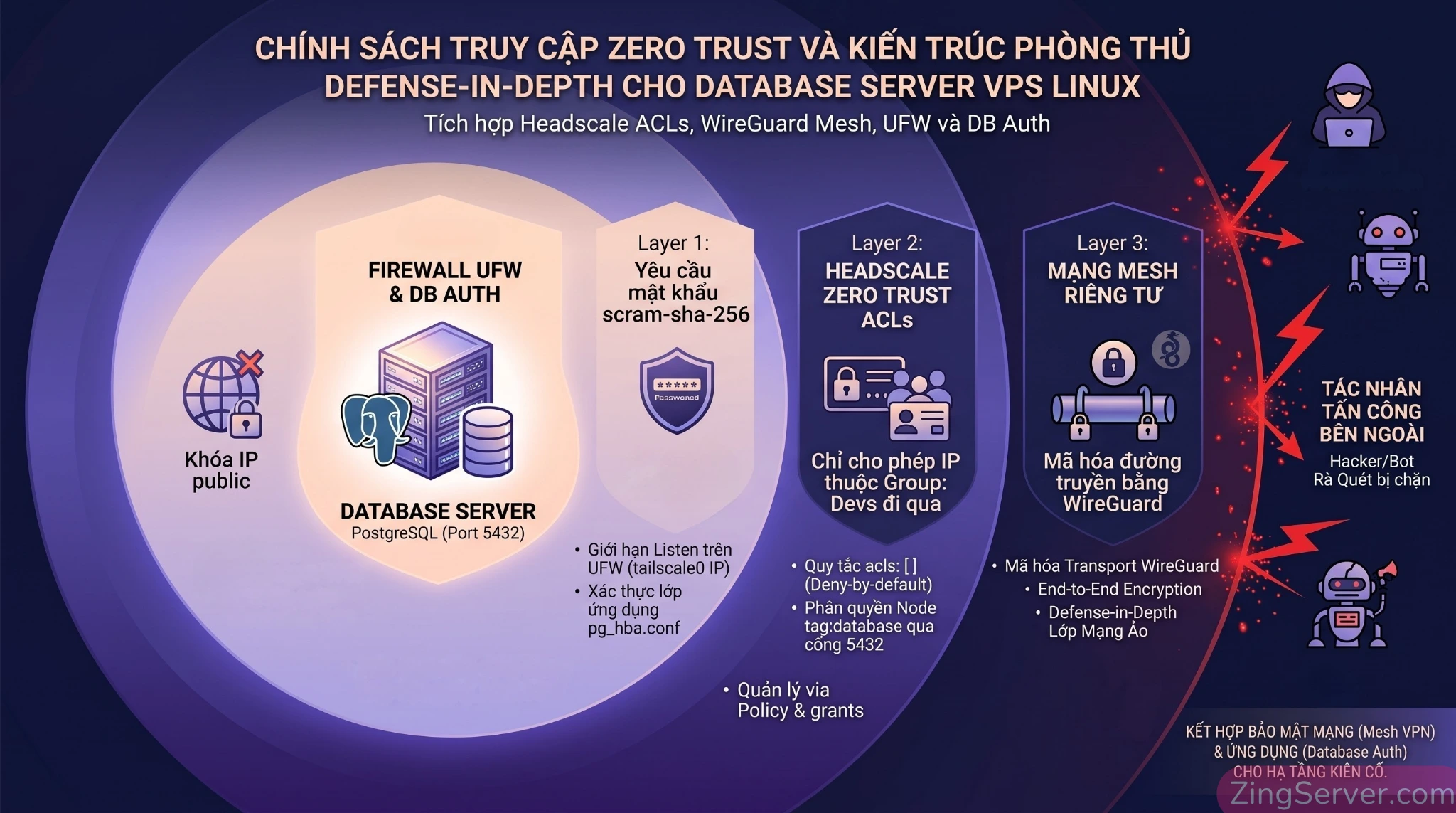 Mô hình bảo mật Zero Trust nhiều lớp bảo vệ Database trên VPS