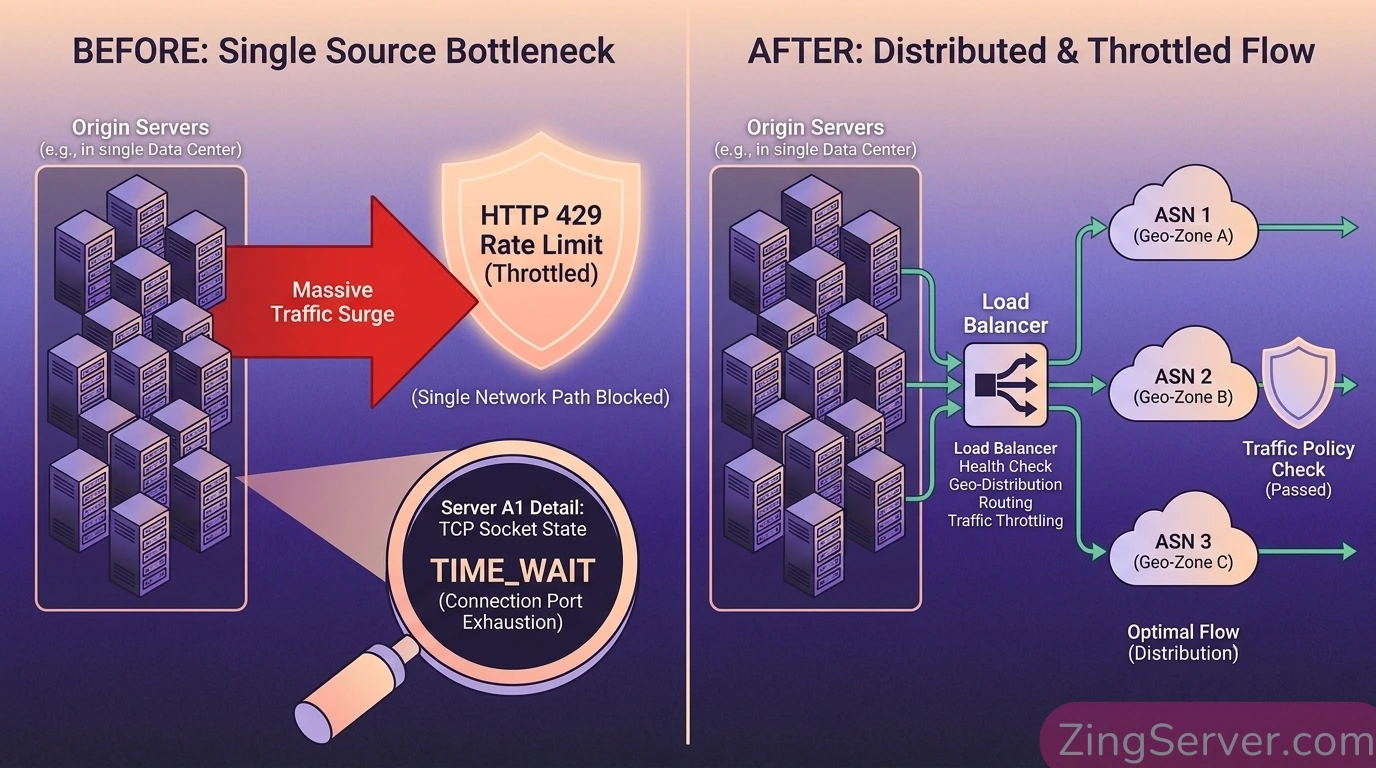 Sơ đồ infographic so sánh hiện tượng nghẽn cổ chai gây lỗi HTTP 429 trên một IP đơn lẻ và giải pháp phân tán luồng dữ liệu qua mạng lưới Datacenter Proxy đa dạng ASN.