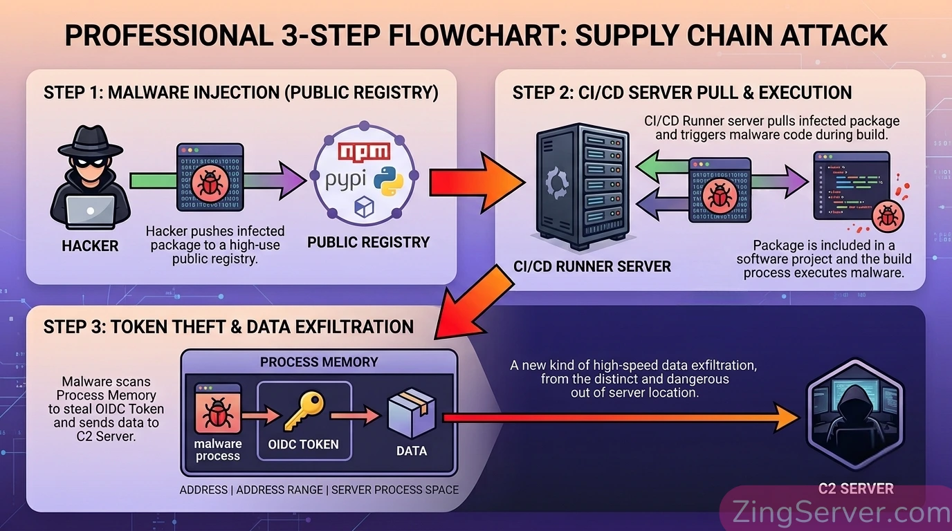Sơ đồ minh họa kỹ thuật tấn công Supply Chain qua CI Cache Poisoning và cách trích xuất token.