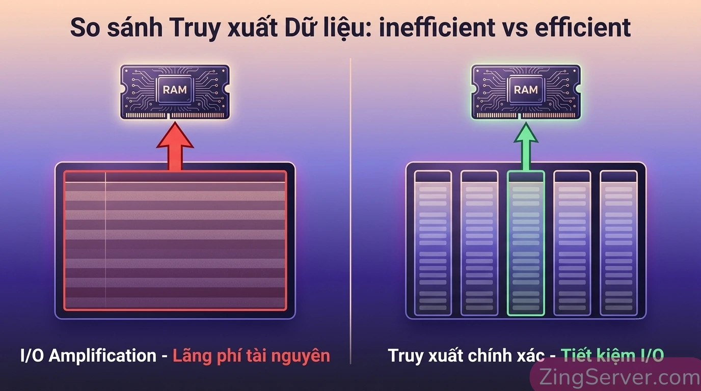 Biểu đồ so sánh hiện tượng khuếch đại I/O giữa cơ sở dữ liệu Row-based truyền thống và Column-based của DuckDB trên VPS.