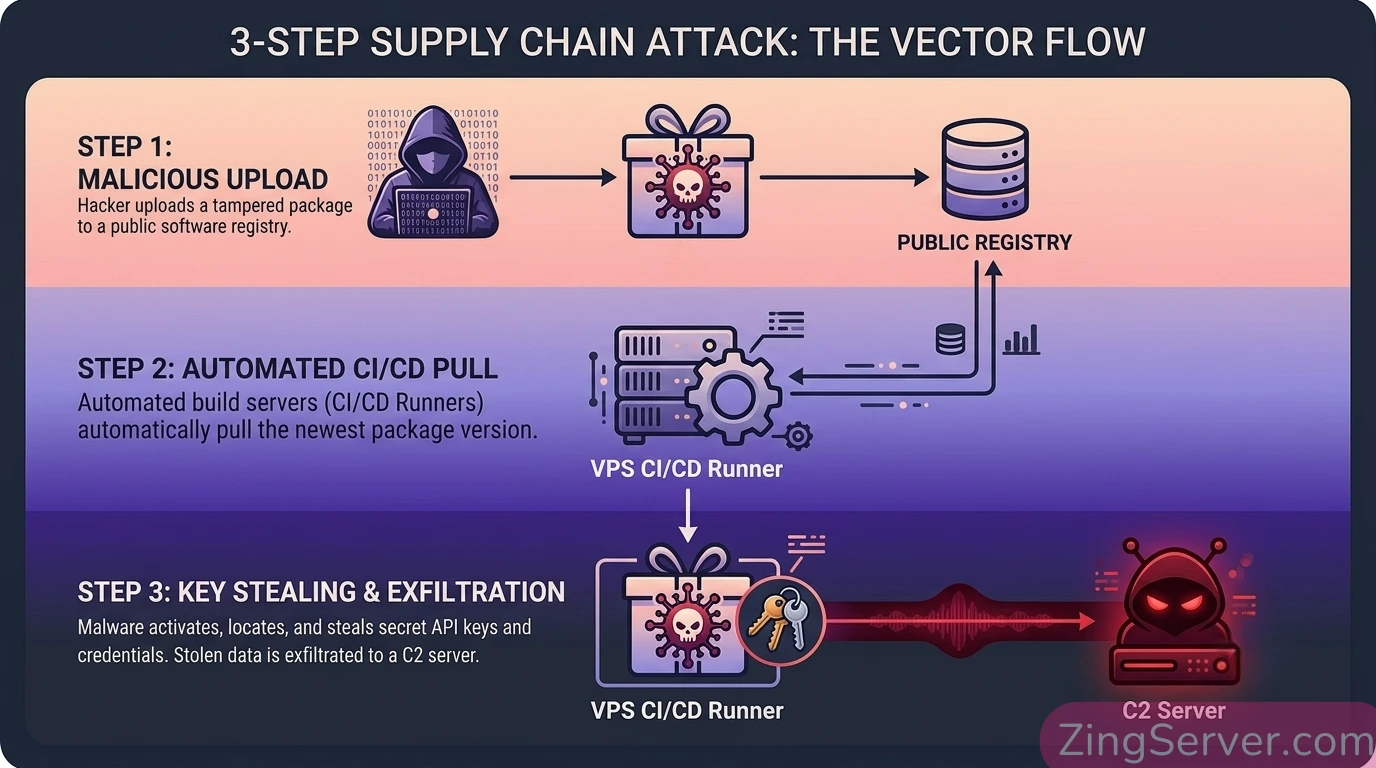 Sơ đồ minh họa luồng tấn công chuỗi cung ứng vào CI/CD Pipeline trên VPS thông qua package độc hại.
