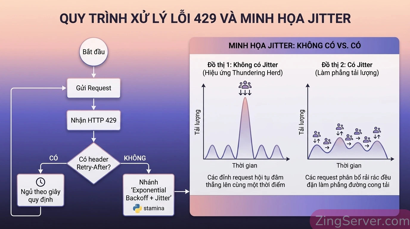 Lưu đồ thuật toán xử lý lỗi HTTP 429 bằng cách đọc header Retry-After kết hợp cơ chế Exponential Backoff và Jitter để ngăn chặn hiện tượng bão thử lại.
