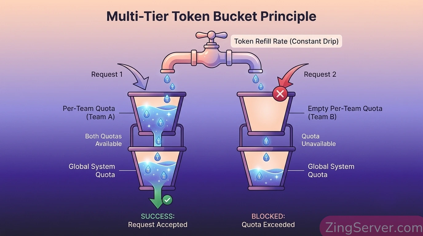 Minh họa thuật toán Token Bucket điều tiết lưu lượng API AI đa tầng.